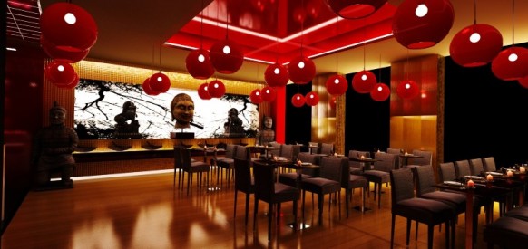 ديكور مطاعم الوجبات السريعة - اماكن رومانسية للعشاء مع حبيبك Japanese Restaurant Design Red Round Pendants