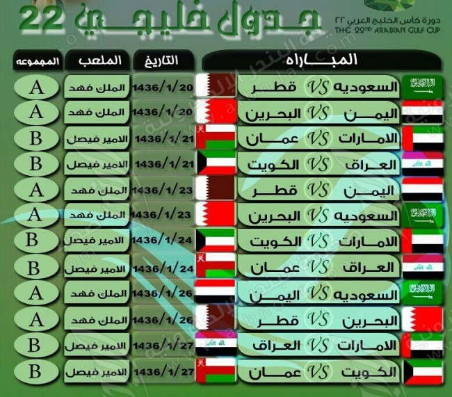 الجدول وكل تفاصيل فعاليات مباريات الخليجي 22 , تعرف علي جدول مباريات خليجي 22